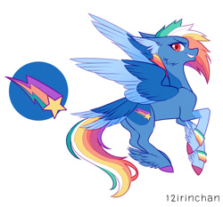 Size: 1024x954 | Tagged: safe, artist:12irinchan, rainbow dash, pegasus, pony, g4, alternate design, coat markings, colored pupils, cutie mark, feathered fetlocks, female, hooves, mare, multicolored hooves, redesign, short hair, signature, simple background, slender, solo, tail, tail feathers, thin, white background, wristband