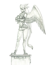 Size: 1050x1391 | Tagged: safe, artist:baron engel, part of a set, gilda, griffon, anthro, digitigrade anthro, g4, clothes, crossed arms, female, grayscale, monochrome, pencil drawing, simple background, solo, statue, traditional art, white background