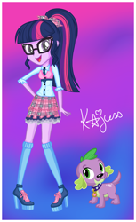 Size: 2024x3312 | Tagged: safe, artist:machakar52, sci-twi, spike, spike the regular dog, twilight sparkle, dog, human, equestria girls, g4, alternate hairstyle, clothes, collar, crossover, dog collar, female, glasses, high heels, high res, kneesocks, looking at you, necktie, open mouth, ponytail, school uniform, shoes, socks, solo, winx club