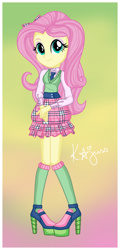 Size: 1480x3088 | Tagged: safe, artist:machakar52, fluttershy, human, equestria girls, g4, bow, clothes, crossover, female, hair bow, hands together, high heels, kneesocks, looking at you, necktie, school uniform, shoes, smiling, socks, solo, winx club