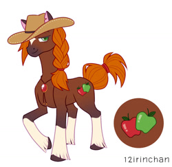 Size: 1024x995 | Tagged: safe, artist:12irinchan, applejack, earth pony, pony, g4, alternate design, applejack's hat, braid, coat markings, colored ears, colored pupils, cowboy hat, cutie mark, facial markings, female, gem, hat, jewelry, mare, necklace, redesign, signature, simple background, socks (coat markings), solo, star (coat marking), unshorn fetlocks, white background