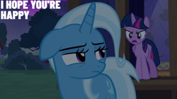 Size: 1920x1080 | Tagged: safe, edit, edited screencap, editor:quoterific, screencap, trixie, twilight sparkle, alicorn, pony, unicorn, g4, no second prances, season 6, angry, duo, duo female, female, frown, looking back, mare, open mouth, sad, twilight sparkle (alicorn), twilight sparkle is not amused, unamused