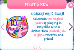 Size: 1541x1039 | Tagged: safe, gameloft, pinkie pie, earth pony, pony, g4, anniversary, balloon, cake, food, mlp gameloft tenth anniversary, pink coat, pink fur, pink mane, pink tail, present, tail
