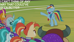 Size: 1280x720 | Tagged: safe, edit, edited screencap, editor:quoterific, screencap, lighthoof, ocellus, rainbow dash, shimmy shake, smolder, yona, pony, yak, 2 4 6 greaaat, g4, season 9, baseball cap, cap, cheerleader, cheerleader outfit, clothes, coach rainbow dash, eyes closed, female, frown, hat, mare, open mouth, open smile, rainbow dashs coaching whistle, shimmy shake is not amused, smiling, smolder is not amused, technically an upskirt shot, unamused, upskirt, whistle, whistle necklace