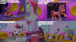 Size: 4400x2475 | Tagged: safe, edit, edited screencap, editor:quoterific, screencap, queen haven, sunny starscout, zipp storm, earth pony, pegasus, pony, g5, my little pony: make your mark, my little pony: make your mark chapter 2, portrait of a princess, spoiler:mymc02e03, book, chair, cucumber, curtains, door, doorknob, female, food, headphones, lying down, mare, mirror, mud mask, sitting, speaker, window