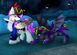 Size: 2500x1800 | Tagged: safe, artist:chvrchgrim, oc, oc:krypt, oc:molars, bat pony, pegasus, pony, bat wings, clothes, costume, dressup, halloween, halloween costume, hat, holiday, night, nightmare night, pirate, pirate hat, spooky, wings