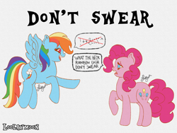 Size: 4096x3072 | Tagged: safe, artist:loolaymoon, pinkie pie, rainbow dash, earth pony, pegasus, pony, g4, censored vulgarity, female, flying, grawlixes, mare, open mouth, open smile, pointing, raised hoof, smiling, standing, what the heck rainbow dash don't swear