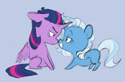 Size: 2048x1349 | Tagged: safe, artist:chub-wub, trixie, twilight sparkle, alicorn, pony, unicorn, g4, chibi, duo, female, lesbian, lidded eyes, looking at each other, looking at someone, ship:twixie, shipping, simple background, twilight sparkle (alicorn)