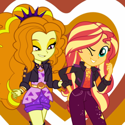 Size: 1050x1050 | Tagged: safe, artist:themexicanpunisher, adagio dazzle, sunset shimmer, human, equestria girls, g4, my little pony equestria girls: better together, my little pony equestria girls: rainbow rocks, clothes, female, lesbian, pants, ship:sunsagio, shipping