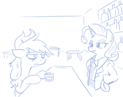 Size: 624x497 | Tagged: safe, artist:jargon scott, applejack, rarity, earth pony, pony, unicorn, g4, alcohol, bags under eyes, bar, bartender, drink, duo, female, glass, hoof on hip, mare, messy mane, monochrome, movie reference, simple background, sketch, the shining, white background