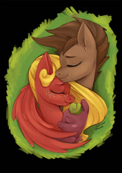 Size: 827x1169 | Tagged: safe, artist:redi, oc, oc only, oc:redi, oc:skradacz, earth pony, pegasus, pony, eyes closed, family, family photo, female, filly, foal, freckles, hug, male, mare, mother and child, mother and daughter, stallion, winghug, wings