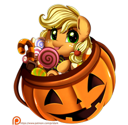 Size: 3109x3050 | Tagged: safe, artist:pridark, applejack, earth pony, pony, g4, bucket, bust, candy, commission, cute, daaaaaaaaaaaw, female, filly, filly applejack, food, freckles, halloween, heart, heart eyes, high res, holiday, jack-o-lantern, jackabetes, mare, patreon, patreon logo, portrait, pumpkin, pumpkin bucket, simple background, solo, transparent background, trick or treat, weapons-grade cute, wingding eyes, younger