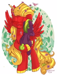 Size: 1620x2160 | Tagged: safe, artist:redi, oc, oc only, oc:redi, pegasus, pony, eyes closed, female, filly, flower, flower in hair, foal, freckles, hairband, hoof hold, hug, mare, mother and child, mother and daughter, mouth hold, pacifier, spread wings, stick in hair, wings