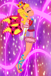 Size: 2000x3000 | Tagged: safe, artist:kova360, artist:user15432, fairy, human, equestria girls, g4, barefoot, barely eqg related, base used, clothes, crossover, crown, dress, ear piercing, earring, enchantix, equestria girls style, equestria girls-ified, eyes closed, fairy wings, fairyized, feet, female, gloves, high res, jewelry, piercing, pink background, pink dress, pink wings, princess peach, regalia, simple background, smiling, solo, sparkly background, sparkly wings, super mario bros., transformation, wings, winx, winx club, winxified