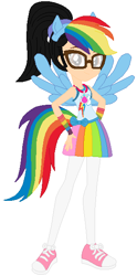 Size: 301x609 | Tagged: safe, artist:selenaede, artist:user15432, rainbow dash, oc, oc:aaliyah, human, equestria girls, g4, aaliyah, amulet, base used, clothes, costume, cutie mark on clothes, dress, equestria girls style, equestria girls-ified, fingerless gloves, glasses, gloves, halloween, halloween costume, hand on hip, headband, holiday, jewelry, leggings, looking at you, multicolored hair, necklace, pegasus wings, pony ears, ponytail, rainbow dash costume, rainbow hair, rainbow wig, shoes, simple background, sneakers, solo, white background, wings