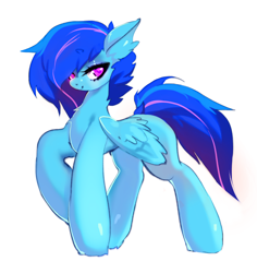 Size: 3048x3222 | Tagged: safe, artist:pfufu, oc, oc only, pegasus, pony, blue mane, chest fluff, ear fluff, female, high res, looking at you, pegasus oc, simple background, smiling, smiling at you, solo, standing, standing on one leg, white background, wings