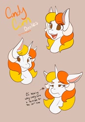 Size: 1423x2048 | Tagged: safe, artist:mscolorsplash, oc, oc:candy corn, pony, unicorn, beige background, bust, female, floppy ears, frown, mare, no pupils, open mouth, open smile, simple background, smiling, solo, wavy mouth