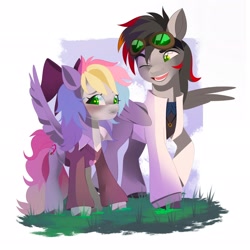 Size: 2048x2048 | Tagged: safe, artist:irusumau, oc, oc only, oc:blazey sketch, oc:damaged lust, pegasus, pony, blushing, bow, clothes, duo, goggles, grey fur, hair bow, height difference, high res, lab coat, long hair, long tail, multicolored hair, one eye closed, pegasus oc, short, short hair, small wings, sweater, tail, teasing, wings, wink