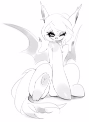 Size: 1544x2160 | Tagged: safe, artist:pfufu, oc, oc only, bat pony, pony, bat pony oc, black and white, ear fluff, grayscale, hooves, looking at you, monochrome, raised hoof, simple background, sitting, sketch, solo, spread wings, white background, wings
