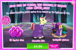 Size: 1960x1292 | Tagged: safe, gameloft, idw, flim, pony, unicorn, g4, advertisement, alternate universe, book, bookmark, bush, clothes, costs real money, crystal coin, english, horn, idw showified, introduction card, judge flim, mirror universe, numbers, quill, robe, sale, solo, text