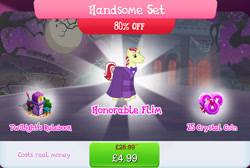 Size: 1266x853 | Tagged: safe, gameloft, idw, flim, pony, unicorn, g4, alternate universe, book, bookmark, bundle, bush, clothes, costs real money, crystal coin, english, handsome set, horn, idw showified, judge flim, mirror universe, numbers, quill, robe, sale, solo, text