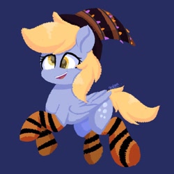 Size: 928x928 | Tagged: safe, artist:skylinepony_, derpy hooves, pegasus, pony, g4, blue background, clothes, cute, derpabetes, female, halloween, hat, holiday, mare, open mouth, open smile, simple background, smiling, socks, solo, striped socks, witch hat