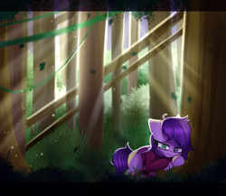 Size: 2240x1942 | Tagged: safe, artist:opal_radiance, oc, oc only, bat pony, earth pony, pony, clothes, crepuscular rays, forest, heterochromia, solo