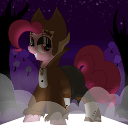 Size: 2500x2500 | Tagged: safe, artist:legendoflink, pinkie pie, earth pony, pony, undead, vampire, g4, clothes, costume, count chocula, female, fog, high res, looking at you, mare, night, pinktober, red eyes, simple background, solo, wingding eyes