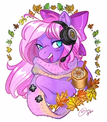 Size: 3125x3563 | Tagged: safe, artist:opalacorn, oc, oc only, oc:lillybit, earth pony, pony, bow, clothes, coffee, drink, ear fluff, female, hair bow, headset, high res, latte, leaf, leaves, mare, no pupils, open mouth, open smile, pumpkin spice, scarf, simple background, smiling, solo, white background