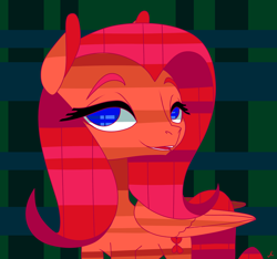 Size: 5100x4782 | Tagged: safe, artist:docwario, fluttershy, pegasus, pony, g4, female, fluttober, lidded eyes, looking at you, mare, no pupils, open mouth, open smile, plaid, smiling, smiling at you, solo