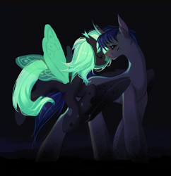Size: 5312x5493 | Tagged: safe, artist:pfufu, oc, oc only, butterfly, changeling, pony, unicorn, dark background, duo, female, flirting, flying, fog, glowing, glowing eyes, glowing mane, gray mane, horn, looking at someone, male, mare, romantic, simple background, spread wings, standing, wings