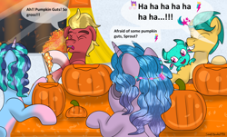 Size: 5030x3030 | Tagged: safe, artist:small-brooke1998, hitch trailblazer, izzy moonbow, misty brightdawn, sparky sparkeroni, sprout cloverleaf, dragon, earth pony, pony, unicorn, mlp fim's twelfth anniversary, g5, baby, baby dragon, female, halloween, high res, holiday, implied pipp petals, implied sunny starscout, implied zipp storm, male, mare, offscreen character, pumpkin, pumpkin carving, stallion
