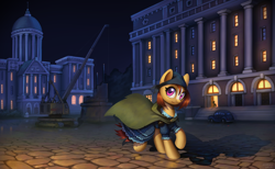 Size: 2000x1232 | Tagged: safe, artist:asimos, oc, oc only, oc:amber sunset, earth pony, pony, equestria at war mod, blaze (coat marking), building, cape, car, clothes, coat markings, dress, facial markings, female, looking at you, mare, night, running, solo
