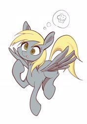 Size: 1812x2563 | Tagged: safe, artist:noupu, derpy hooves, pegasus, pony, g4, cute, derpabetes, female, flying, food, mare, muffin, simple background, solo, that pony sure does love muffins, thinking, thought bubble, tongue out, white background