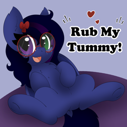 Size: 3000x3000 | Tagged: safe, artist:pegamutt, oc, oc:shadow twinkle, bat pony, pony, bat pony oc, bellyrub request, bow, commission, featureless crotch, femboy, glasses, hair bow, heterochromia, high res, male, round glasses, solo, this will end in belly rubs, ych result