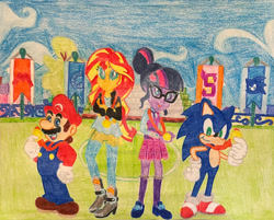 Size: 1280x1031 | Tagged: safe, artist:epiccartoonsfan, artist:justinvaldecanas, sci-twi, sunset shimmer, twilight sparkle, hedgehog, human, equestria girls, g4, my little pony equestria girls: friendship games, barely eqg related, clothes, crossed arms, crossover, crystal prep academy uniform, field, gold medal, group, looking at you, male, mario, mario & sonic, mario & sonic at the olympic games, mario and sonic, mario and sonic at the olympic games, open mouth, quartet, school uniform, shadowbolts, smiling, smiling at you, soccer field, sonic the hedgehog, sonic the hedgehog (series), super mario bros., traditional art, wondercolts