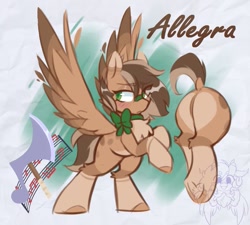 Size: 761x685 | Tagged: safe, artist:drawtheuniverse, oc, oc only, pegasus, pony, axe, blushing, butt, chest fluff, dock, music notes, plot, rearing, reference sheet, solo, spread wings, tail, underhoof, weapon, wings