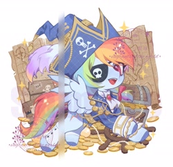 Size: 2048x1972 | Tagged: safe, artist:xieyanbbb, rainbow dash, pegasus, pony, g4, clothes, coin, costume, cute, dashabetes, eyepatch, female, gold, hat, jacket, map, mare, open mouth, open smile, pirate, pirate dash, pirate hat, ship wheel, simple background, smiling, solo, sparkles, white background