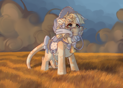 Size: 3500x2500 | Tagged: safe, artist:medkit, oc, oc only, cow, earth pony, pony, bell, bow, bridle, cloud, crying, eyes open, field, grass, grass field, hair bow, hat, high res, male, paint tool sai 2, ribbon, saddle, sketch, sky, solo, stallion, sunset, wind