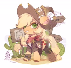 Size: 2048x1972 | Tagged: safe, artist:xieyanbbb, applejack, earth pony, pony, g4, bandana, boots, cactus, clothes, cowboy boots, cowboy hat, cute, female, grin, hat, jackabetes, jacket, mare, poster, road sign, sheriff's badge, shoes, simple background, smiling, solo, straw in mouth, white background