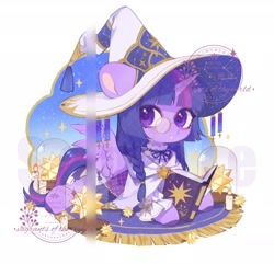 Size: 2048x1972 | Tagged: safe, artist:xieyanbbb, twilight sparkle, alicorn, pony, g4, alternate hairstyle, book, candle, clothes, cute, female, hat, looking back, lying down, mare, monocle, open mouth, prone, reading, robe, rug, simple background, solo, sploot, twiabetes, twilight sparkle (alicorn), white background, wizard hat