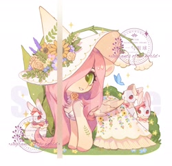 Size: 2048x1972 | Tagged: safe, artist:xieyanbbb, fluttershy, butterfly, pegasus, pony, rabbit, g4, animal, chest fluff, clothes, cottagecore, cute, daaaaaaaaaaaw, dress, female, flower, hair over one eye, hat, mare, shyabetes, simple background, solo, sundress, watermark, white background