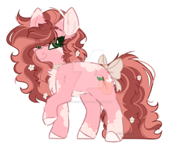 Size: 1280x1071 | Tagged: safe, artist:krypticquartz, oc, oc only, earth pony, pony, body freckles, bow, butt freckles, chest fluff, coat markings, collar, colored eartips, colored eyebrows, colored hooves, colored pinnae, deviantart watermark, ear fluff, eye clipping through hair, female, flower, flower in hair, fluffy, freckles, full body, hair over one eye, looking at you, mare, obtrusive watermark, pale belly, pinto, raised hoof, simple background, smiling, smiling at you, solo, standing, tail, tail bow, transparent background, two toned mane, two toned tail, watermark