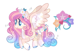 Size: 1280x875 | Tagged: safe, artist:afterglory, artist:mint-light, oc, oc only, crystal pony, pegasus, pony, base used, coat markings, colored hooves, colored wings, deviantart watermark, facial markings, female, floating, floral head wreath, flower, flower in tail, gradient mane, gradient tail, mare, obtrusive watermark, pale belly, simple background, snip (coat marking), socks (coat markings), solo, sparkly, spread wings, tail, transparent background, two toned wings, watermark, wings