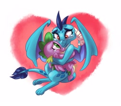 Size: 2500x2200 | Tagged: safe, artist:whitediamonds, part of a set, princess ember, spike, dragon, g4, blushing, crying, cuddling, cute, digital art, dragoness, duo, emberbetes, female, high res, hug, looking at each other, looking at someone, male, ship:emberspike, shipping, simple background, spikabetes, spikelove, straight, winged spike, wings