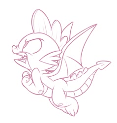 Size: 1025x1075 | Tagged: safe, artist:whitediamonds, spike, dragon, g4, angry, flying, male, monochrome, open mouth, simple background, sketch, solo, spread wings, white background, winged spike, wings, wip