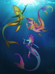 Size: 1043x1400 | Tagged: safe, artist:sunny way, idw, fish, merpony, anthro, bra, bubble, comic, crepuscular rays, cute, deep, dorsal fin, female, fin, fins, fish tail, flowing mane, flowing tail, happy, jewelry, looking at you, mare, necklace, ocean, pearl necklace, pinup, scale, scales, seashell, seashell bra, seaweed, smiling, smiling at you, sunlight, swimming, tail, trio, underwater, water