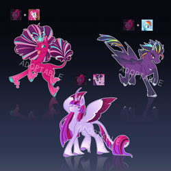 Size: 1024x1024 | Tagged: safe, artist:12irinchan, pinkie pie, rainbow dash, tempest shadow, twilight sparkle, oc, alicorn, classical unicorn, pegasus, pony, unicorn, g4, adoptable, alicorn oc, broken horn, chest fluff, cloven hooves, colored pupils, colored wings, feathered fetlocks, gradient background, gradient mane, gradient wings, horn, leonine tail, magical lesbian spawn, missing cutie mark, offspring, parent:pinkie pie, parent:rainbow dash, parent:tempest shadow, parent:twilight sparkle, parents:tempestdash, parents:tempestlight, parents:tempestpie, pegasus oc, reflection, screencap reference, tail, tail feathers, twilight sparkle (alicorn), unicorn oc, unshorn fetlocks, wings