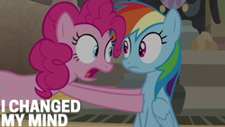 Size: 1920x1080 | Tagged: safe, edit, edited screencap, editor:quoterific, screencap, pinkie pie, rainbow dash, earth pony, pegasus, pony, daring done?, g4, season 7, duo, duo female, female, frown, looking at each other, looking at someone, mare, open mouth, touching