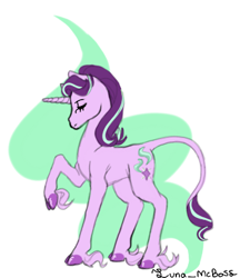 Size: 364x421 | Tagged: safe, artist:luna_mcboss, starlight glimmer, pony, unicorn, g4, cloven hooves, eyes closed, female, fetlock tuft, green background, horn, long legs, long tail, purple coat, purple mane, raised leg, simple background, solo, tail, white background